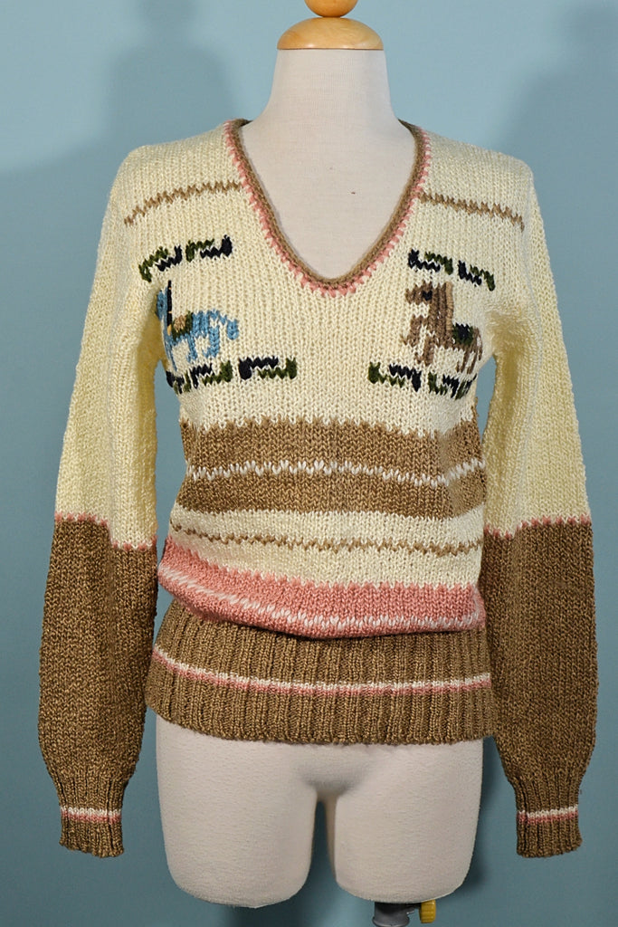 cream tan pink vintage pullover sweater with horses