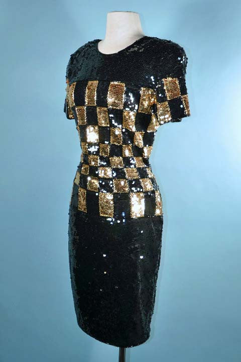 Vintage Black Gold Sequin Dress